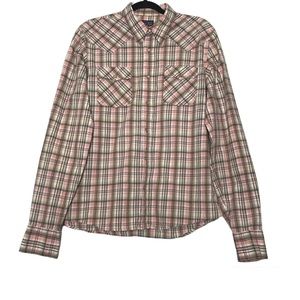 VTG Hollister Preppy Y2K Brown Plaid Pearl Snap Button Down Shirt Mens Size M